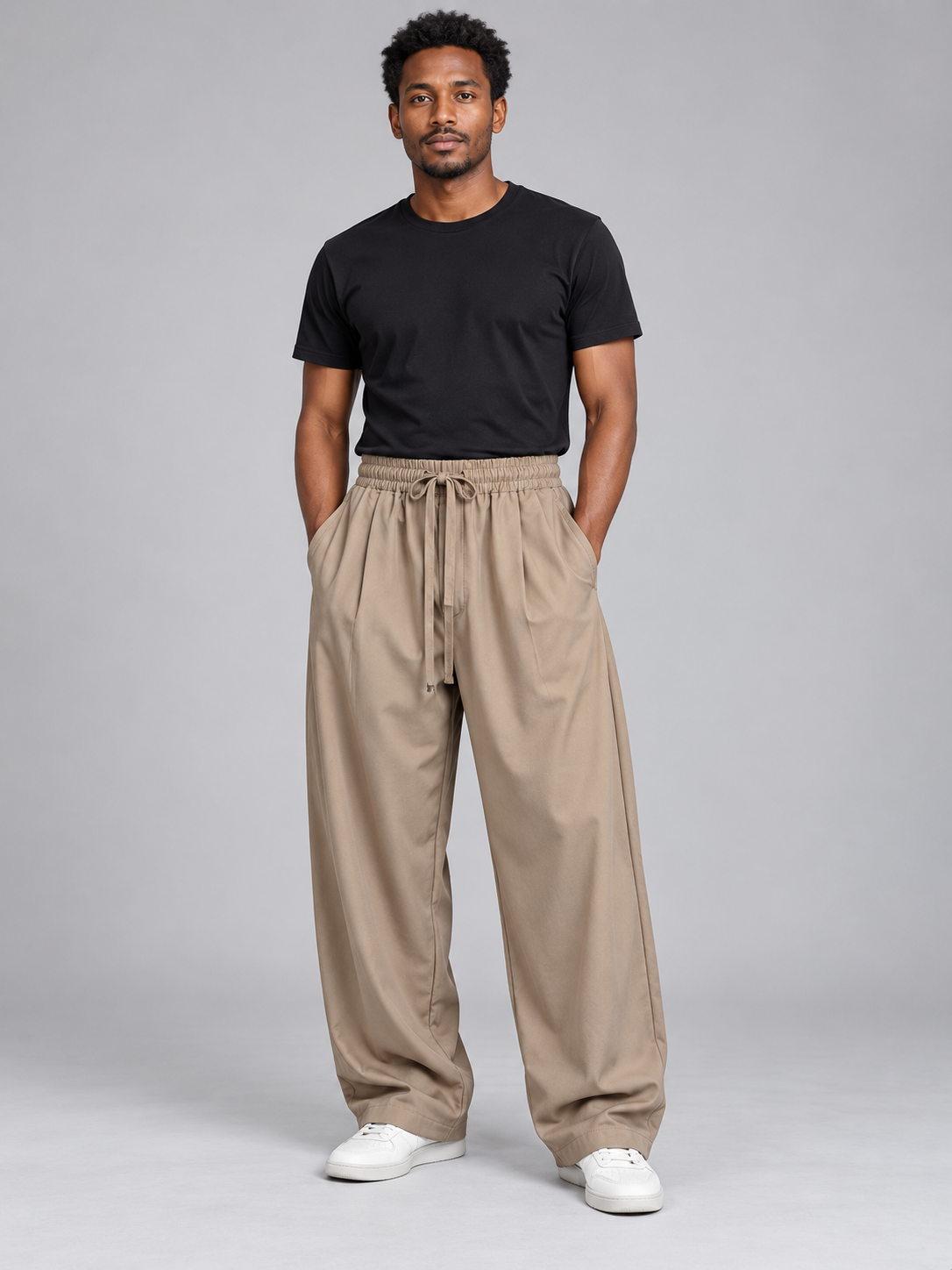Flow Drawstring – מכנס אלגנט רחב — הדמיית לבישה בסטודיו