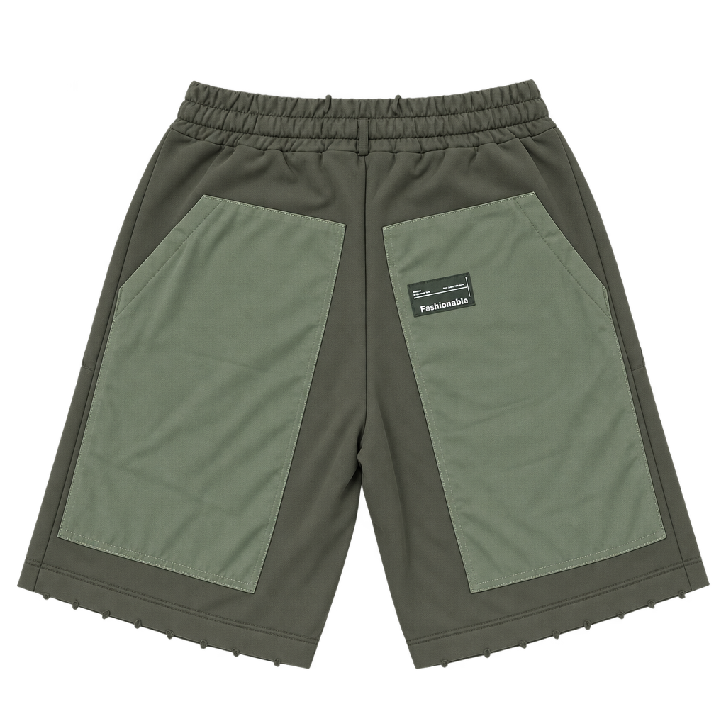 Pocket Grid Shorts – מכנסי ברמודה — ירוק זית כהה עם פאנלים ירוקים — אחורה