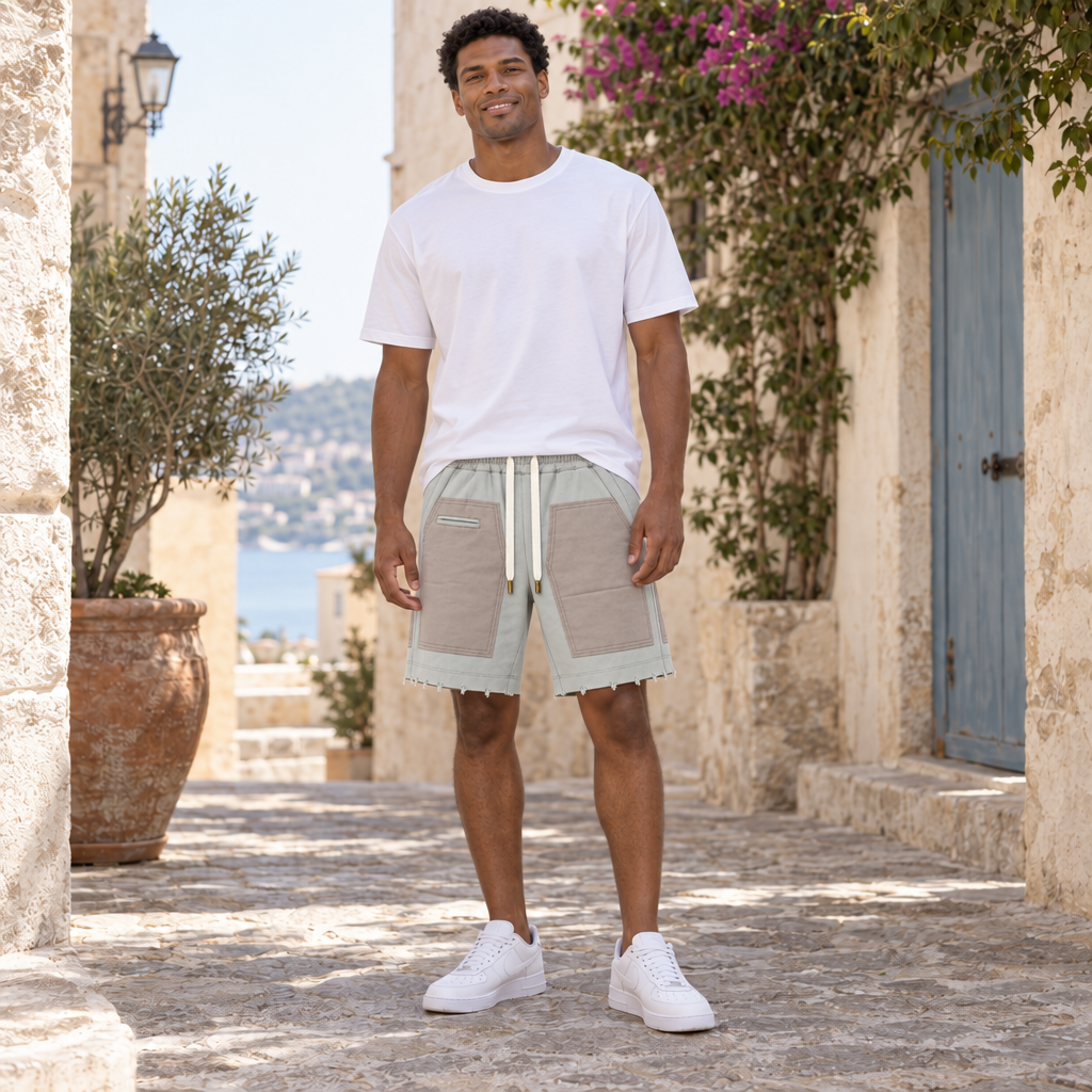 Pocket Grid Shorts – מכנסי ברמודה — אפור — הדמיית לבישה — על הגוף — הדמיית לבישה · גובה הדמות 185 ס״מ · משקל 78 ק״ג · מידה M