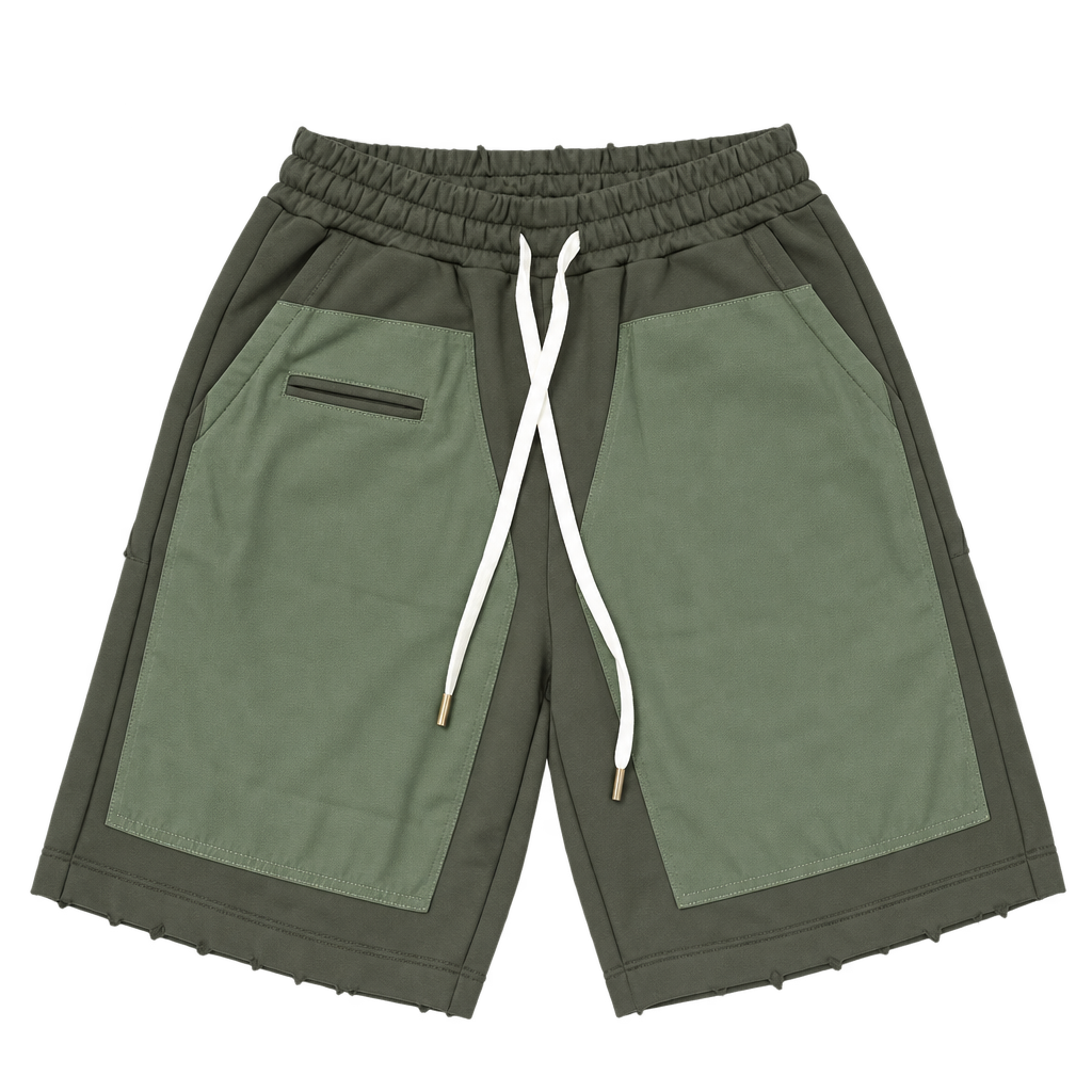 Pocket Grid Shorts – מכנסי ברמודה — ירוק זית כהה עם פאנלים ירוקים — קדימה