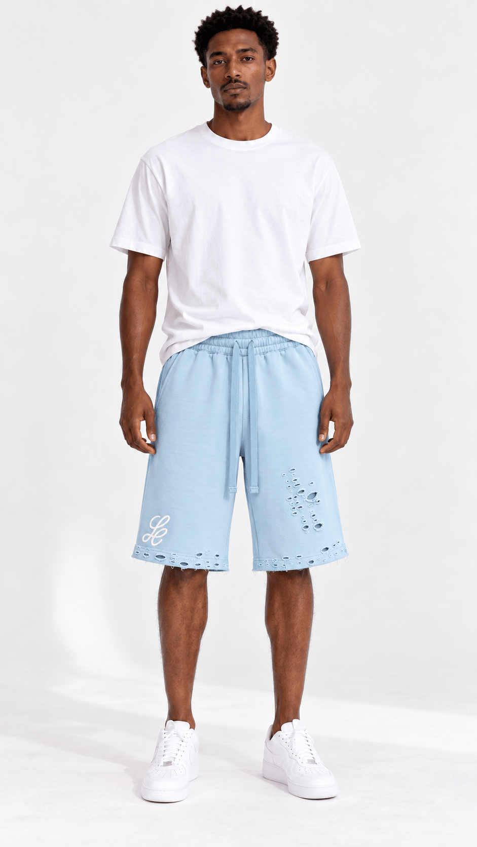 Loop Distress Shorts – ברמודה תכלת עם קרעים - 808 SECRETS