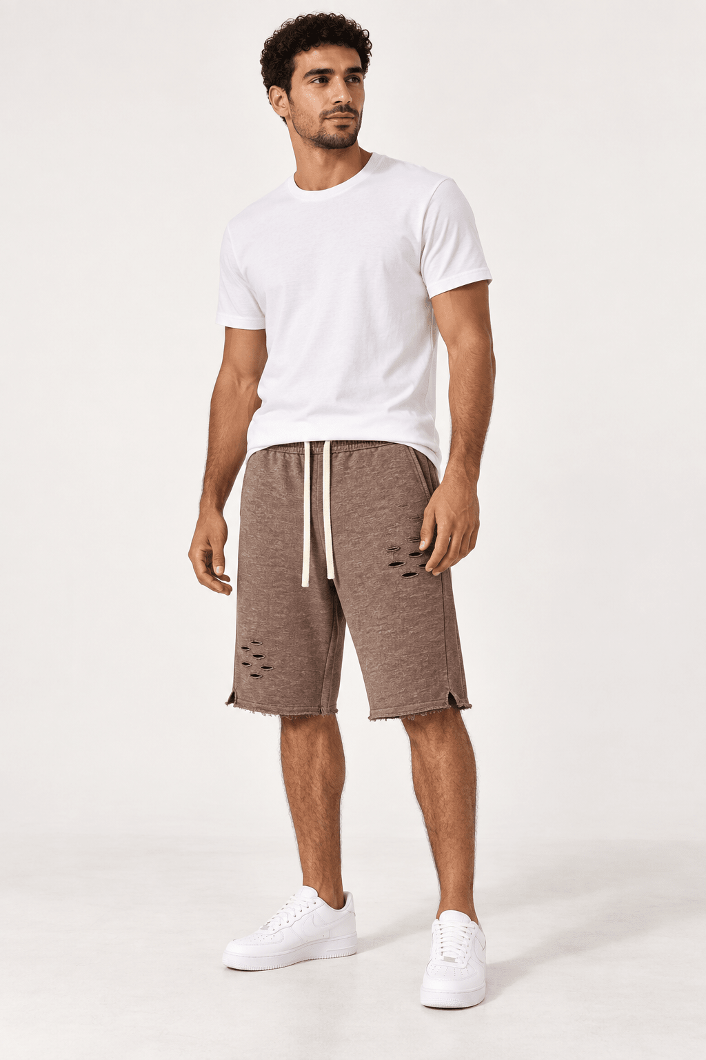 Marled Distress Shorts – ברמודה חומה עם קרעים - 808 SECRETS