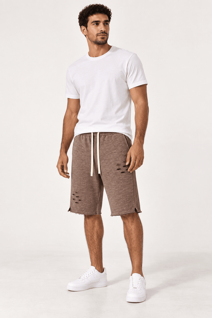 Marled Distress Shorts – ברמודה חומה עם קרעים - 808 SECRETS